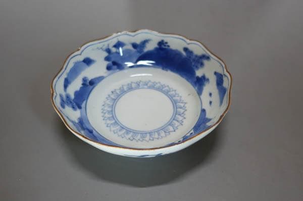 古伊万里　染付　花唐草　五弁花　膾皿 中皿　藍柿右衛門　江戸中期　輪花 2144
