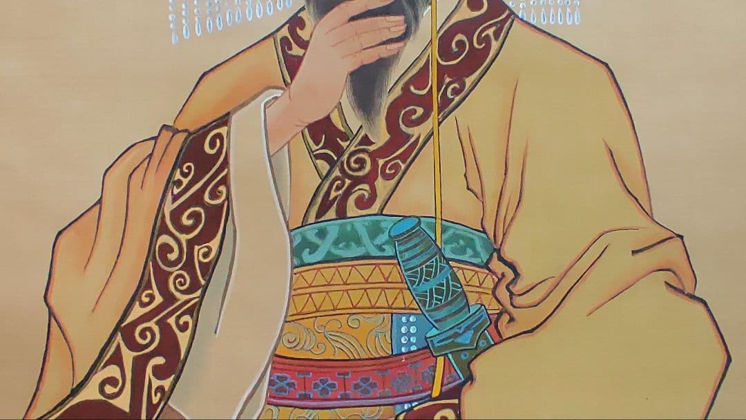 人気の中国画@ 孫文秀・劉松岩 1983年 賛に秦始皇帝の肖像画 肉筆掛軸