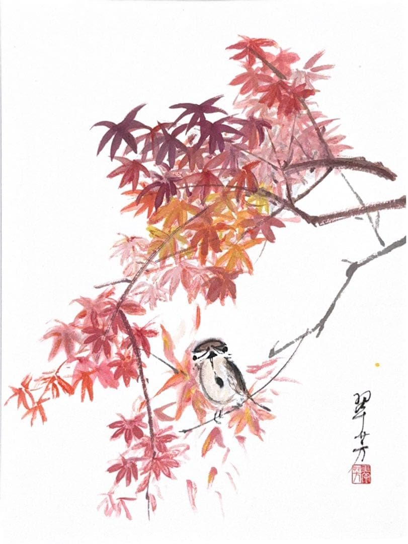 【古口翠芳/Suihou Koguchi】墨彩画　紅葉と雀　木製額縁付き
