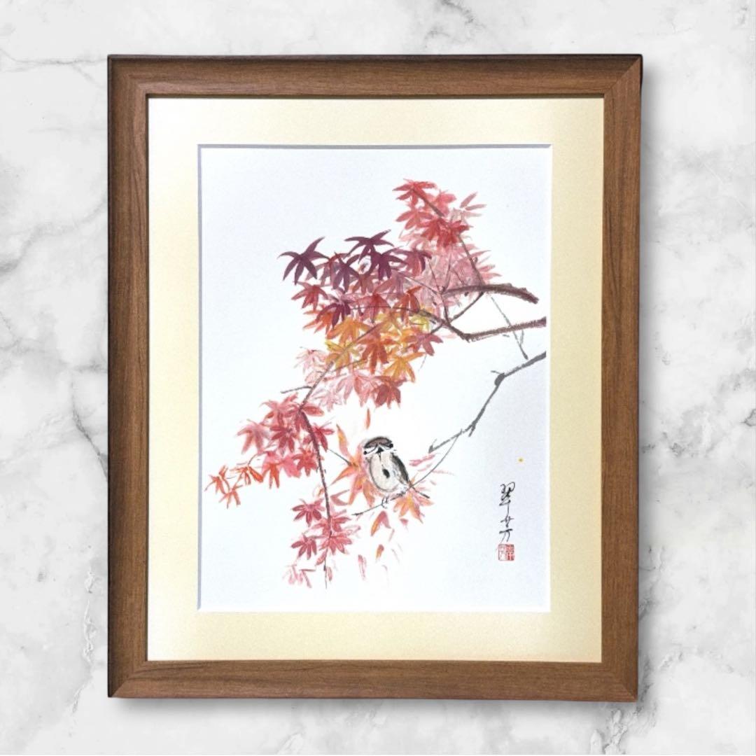 【古口翠芳/Suihou Koguchi】墨彩画　紅葉と雀　木製額縁付き