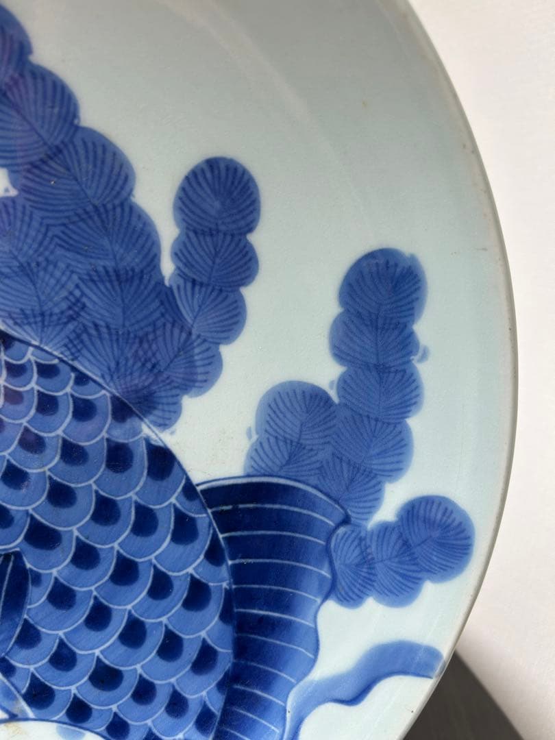 伊万里 染付 青絵 登り鯉 魚藻文 江戸後期 出世 大皿 飾り皿 絵皿 骨董品