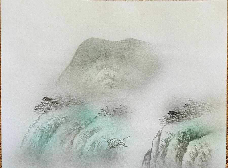 土田松月筆 四神守護山水 掛け軸 掛軸 肉筆 共箱 タトウ箱 縁起物日本画 神教