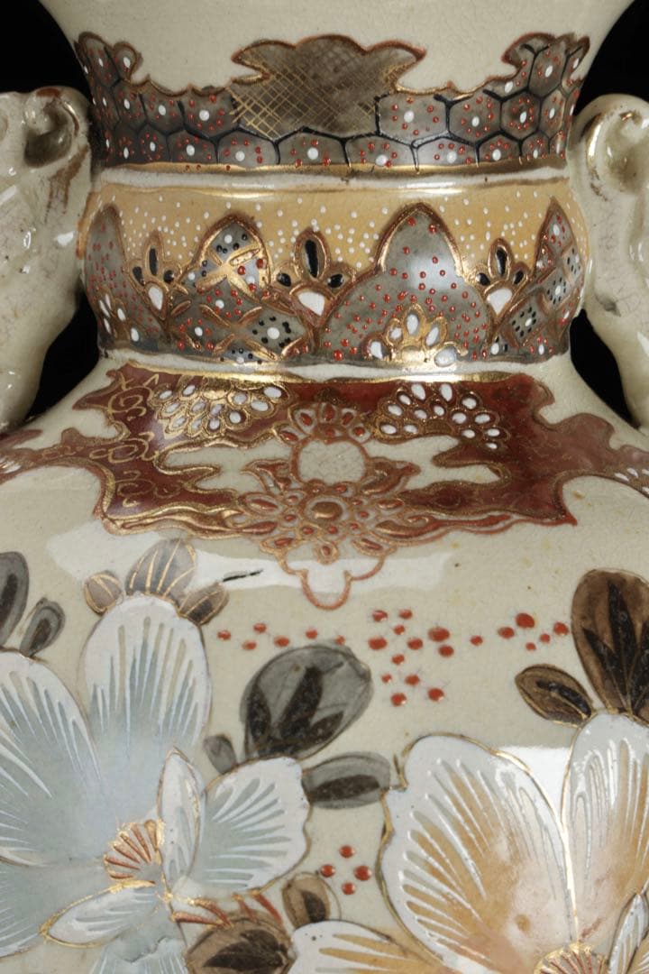 薩摩焼 金襴手色絵耳付武者図花瓶 共箱付 36.5㎝ 花器 飾壺 古美術 骨董品