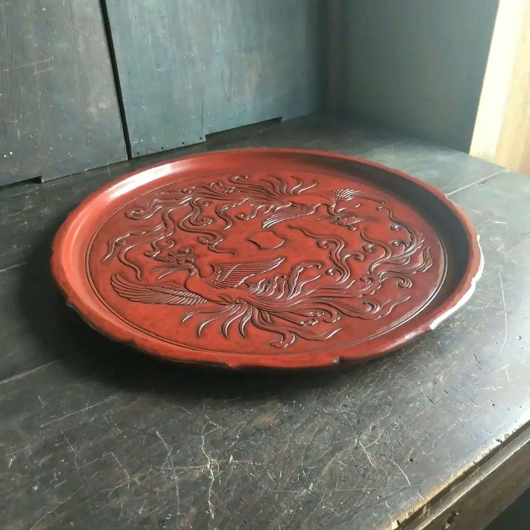 最高級 鎌倉彫　48㎝ 超大型 15寸 博古堂　鳳凰・古鏡モチーフ　丸盆・丸皿