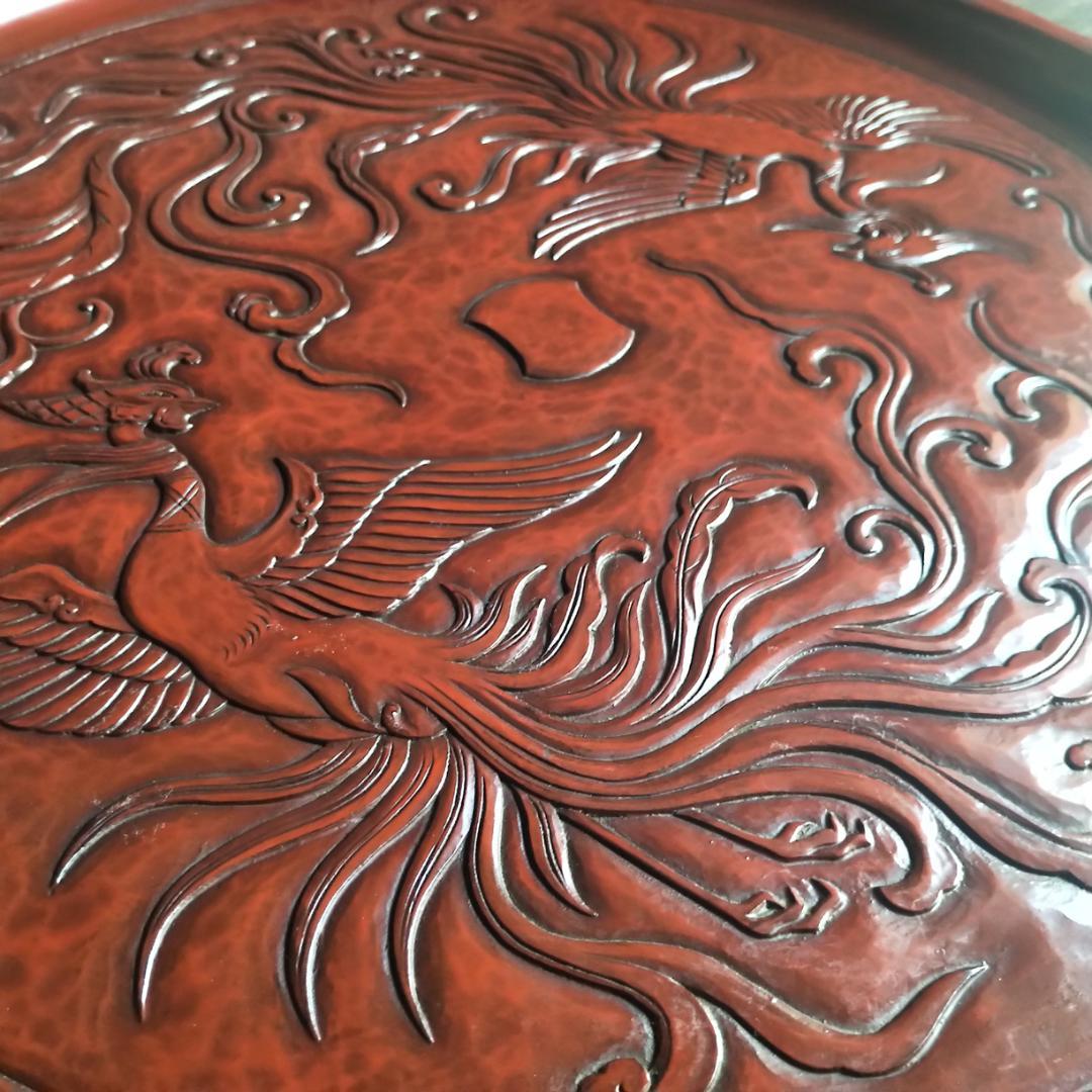 最高級 鎌倉彫　48㎝ 超大型 15寸 博古堂　鳳凰・古鏡モチーフ　丸盆・丸皿