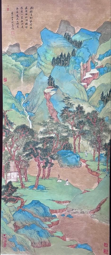 水墨画　掛軸　青樹緑陰 謝陽画　中国　絵画　山水　箱付　張大千大風堂　カラー
