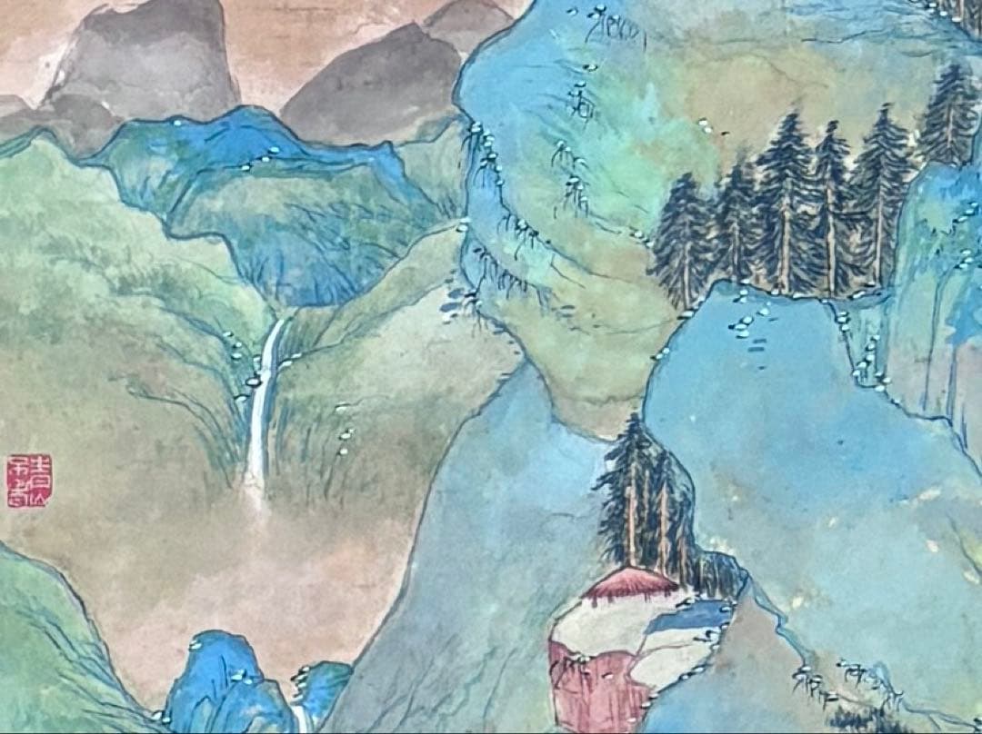 水墨画　掛軸　青樹緑陰 謝陽画　中国　絵画　山水　箱付　張大千大風堂　カラー