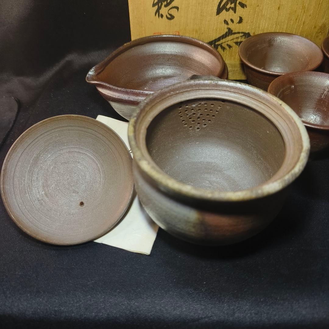 煎茶道具 備前焼 小野田瑞穂　窯変宝瓶 寿桃摘み 湯冷まし 茶杯セット 火襷