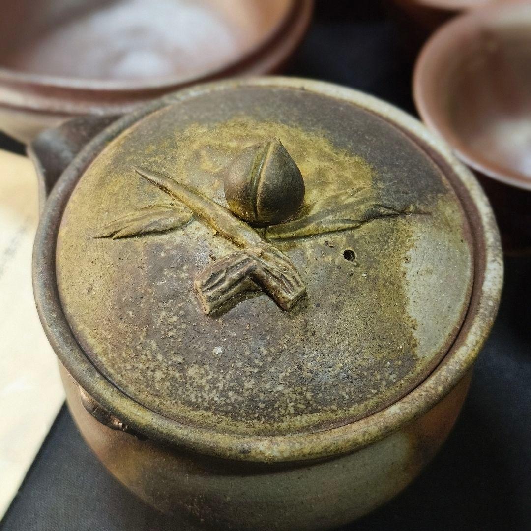 煎茶道具 備前焼 小野田瑞穂　窯変宝瓶 寿桃摘み 湯冷まし 茶杯セット 火襷