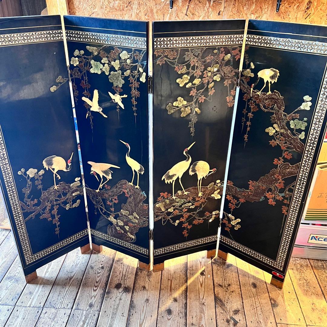 一点　中国美術 螺鈿細工 鶴　年代物　パーテーション 飛天 漆器 天水