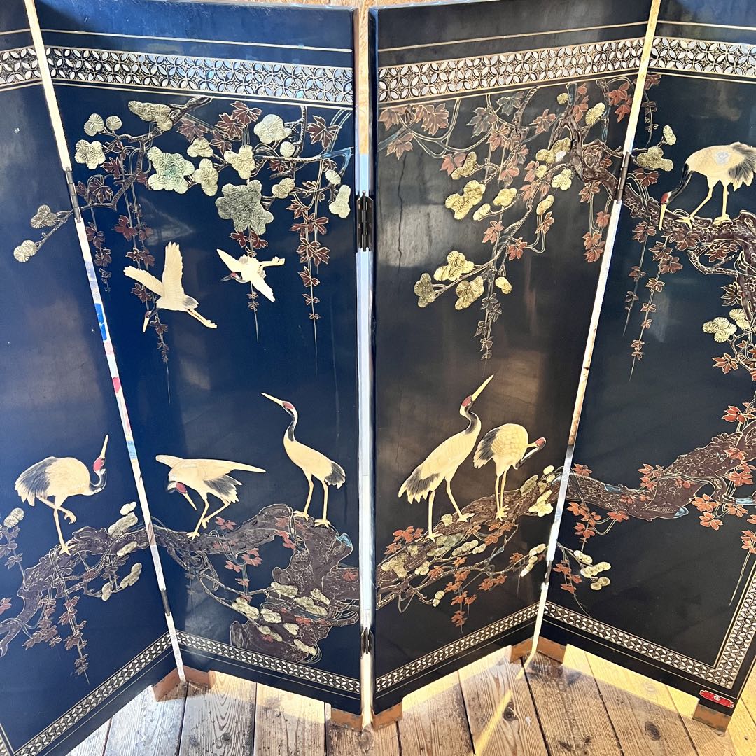一点　中国美術 螺鈿細工 鶴　年代物　パーテーション 飛天 漆器 天水