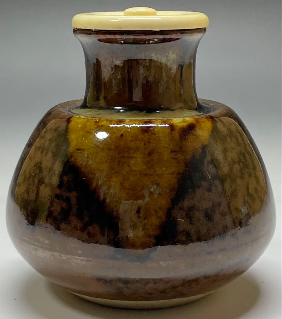 膳所焼　淡海ぜぜ　陽炎園　茄子茶入　仕覆　共箱　共箱(四方桟盛蓋) 　V402