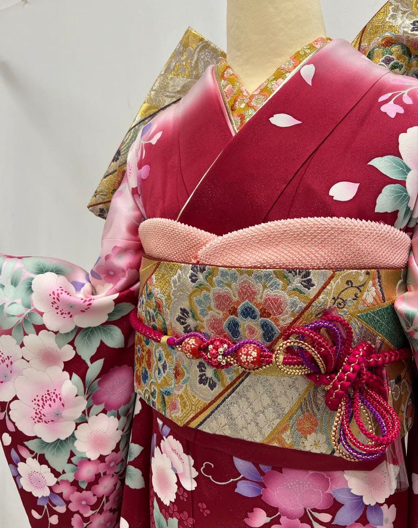 振り袖　フルセット　長襦袢付　赤　成人式　刺繍入り　銀通し　670