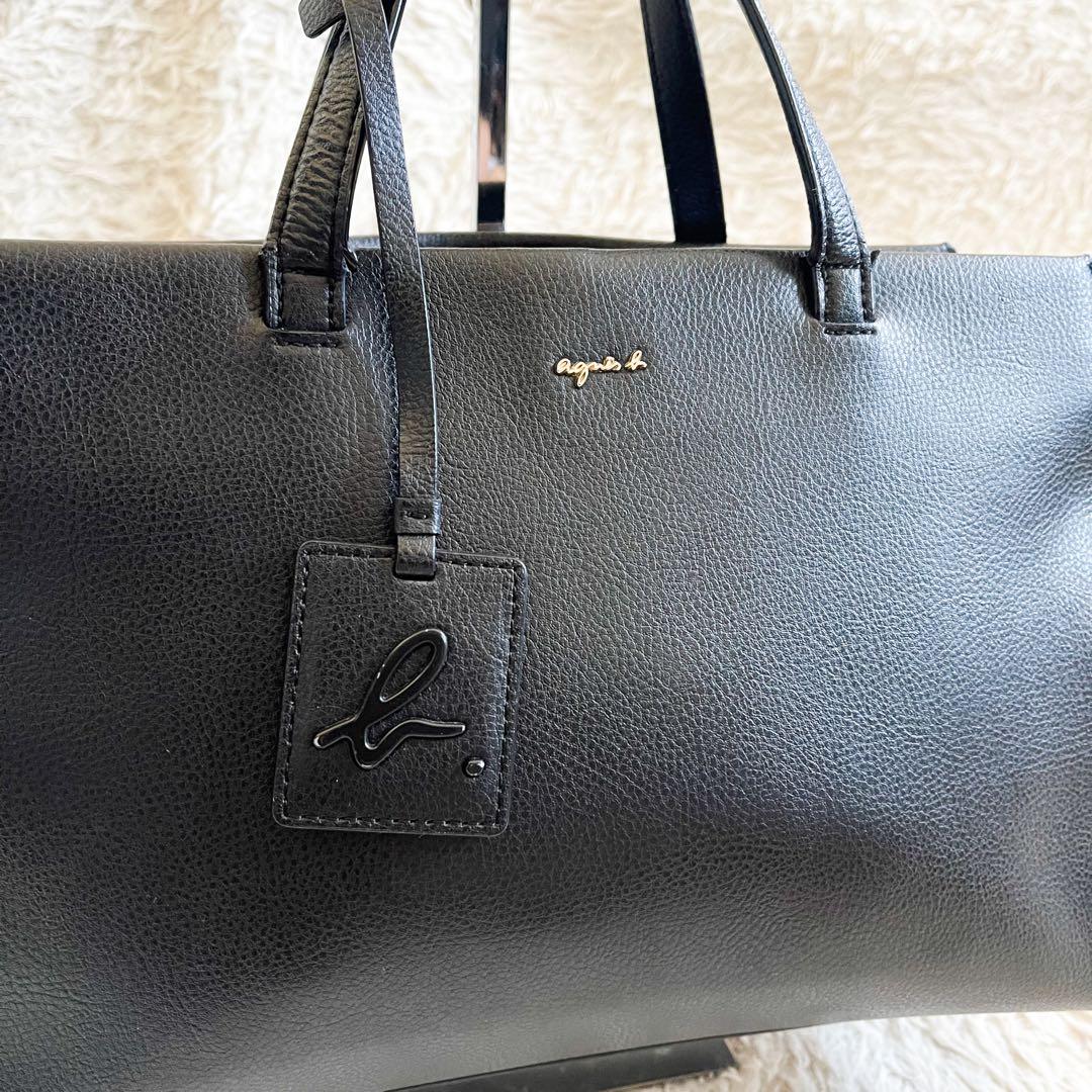 【美品】agnes b VOYAGE ハンドバッグ シボ革 ブラック チャームJ