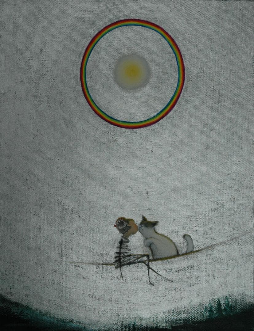 油絵 菅家令子 絵 絵画 インテリア額付(銀) F3-031019 子猫と女の子