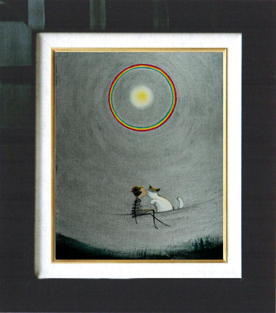 油絵 菅家令子 絵 絵画 インテリア額付(銀) F3-031019 子猫と女の子