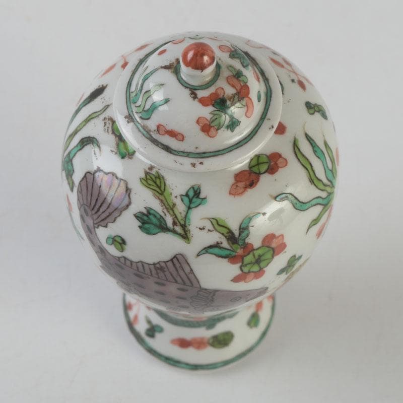 中国　大明嘉靖年製　赤絵　魚藻文　蓋壷　Z　8620