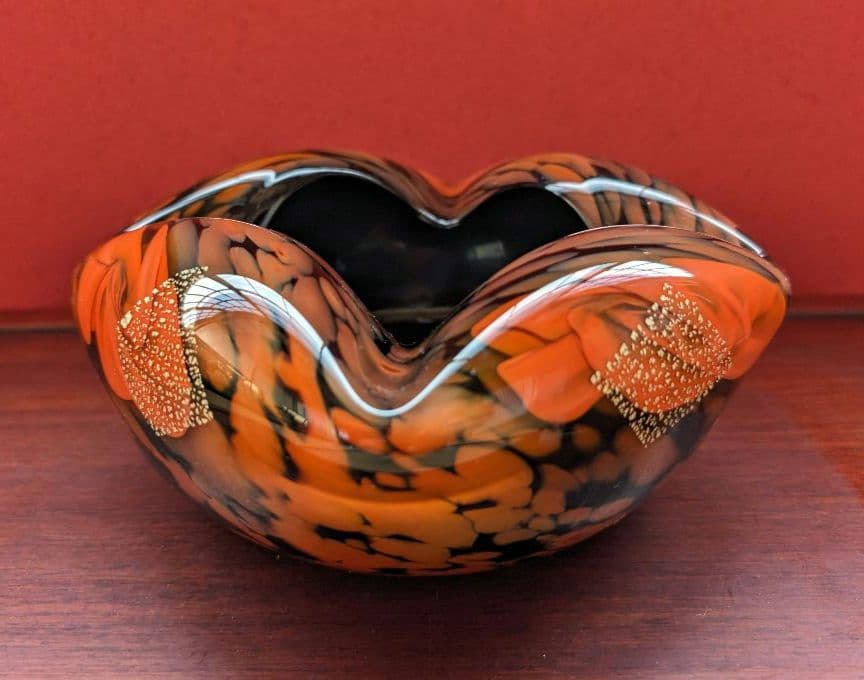 【箔入り】吹きガラス 灰皿 一点物 金箔 昭和レトロ インテリア 花生 オレンジ