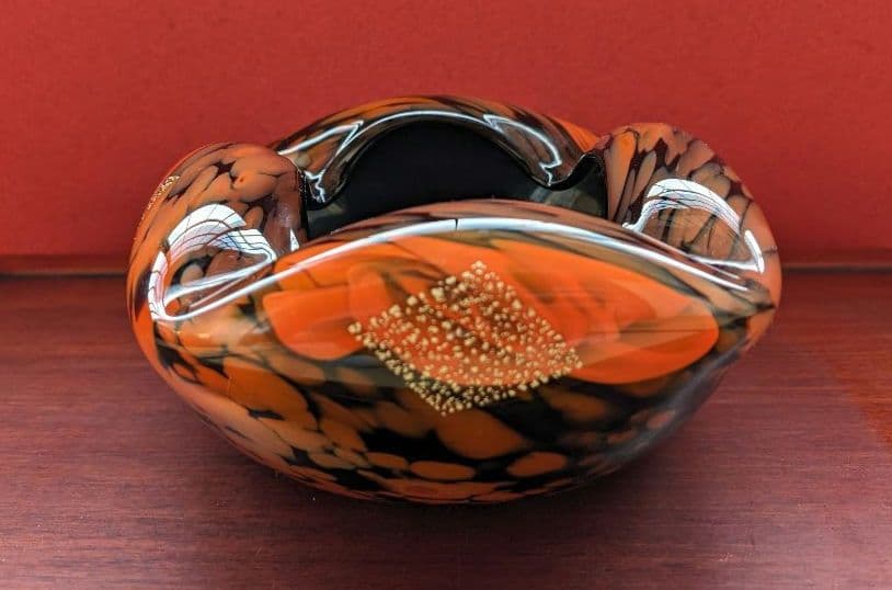 【箔入り】吹きガラス 灰皿 一点物 金箔 昭和レトロ インテリア 花生 オレンジ