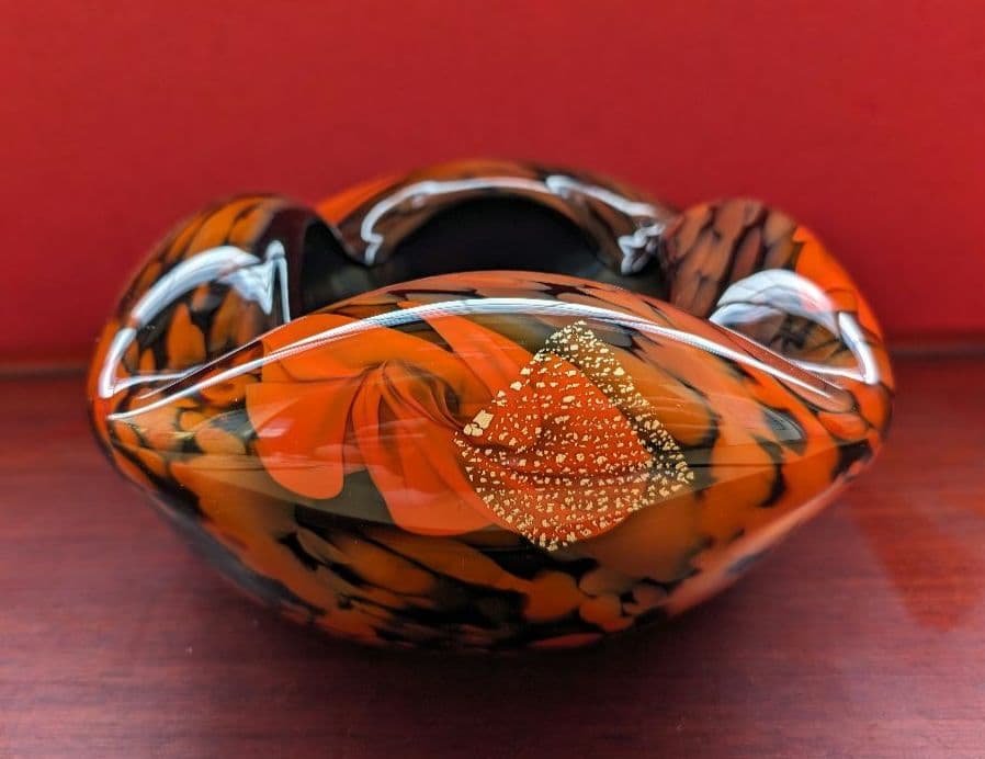 【箔入り】吹きガラス 灰皿 一点物 金箔 昭和レトロ インテリア 花生 オレンジ