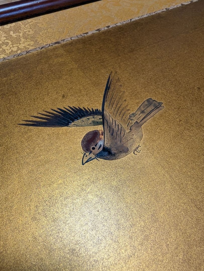 竹と雀の日本画（額装）