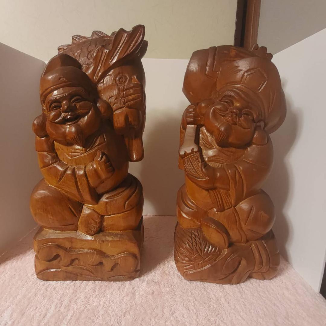 大黒様 恵比寿様 木彫り置物 2個セット 七福神 縁起物
