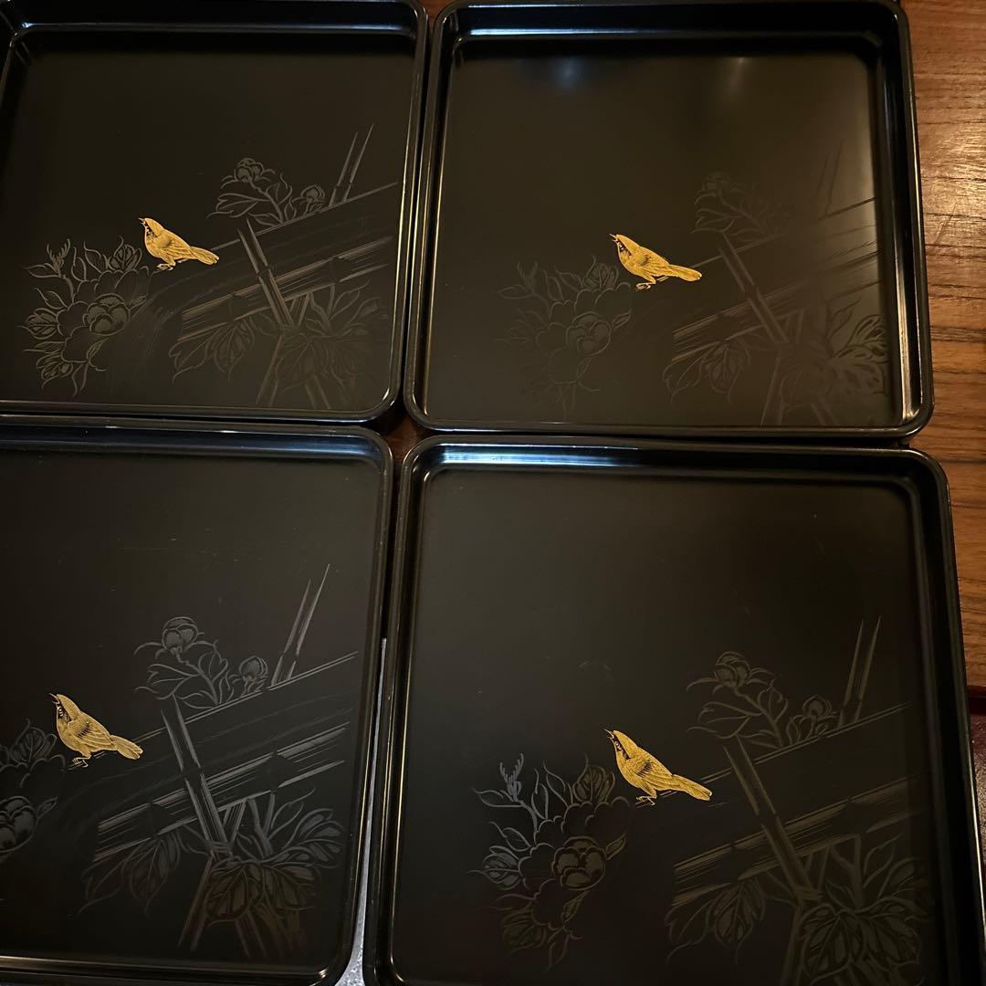 本堅地請合　漆　沈金　お盆×5