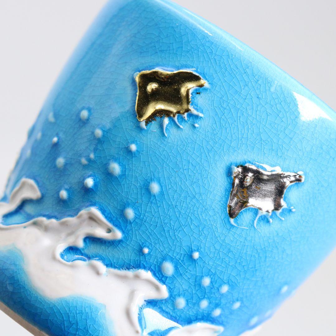 勝見永泉作 浅黄交趾焼 波千鳥 蓋置 茶道具 共箱共布　C866　N6