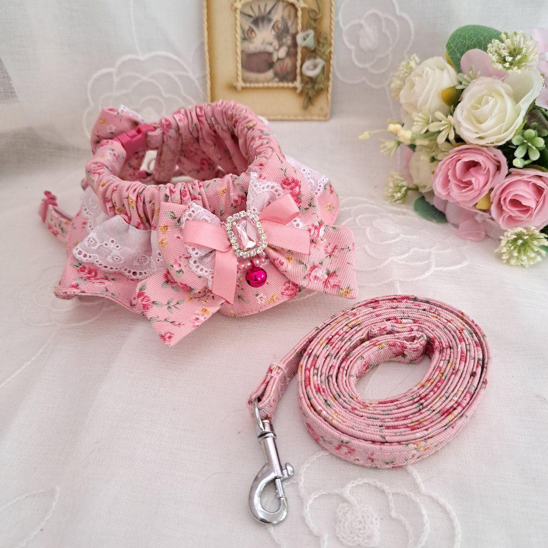 シュシュ型ハーネス(ピンクローズ)&リードセット、わんちゃん猫ちゃん用