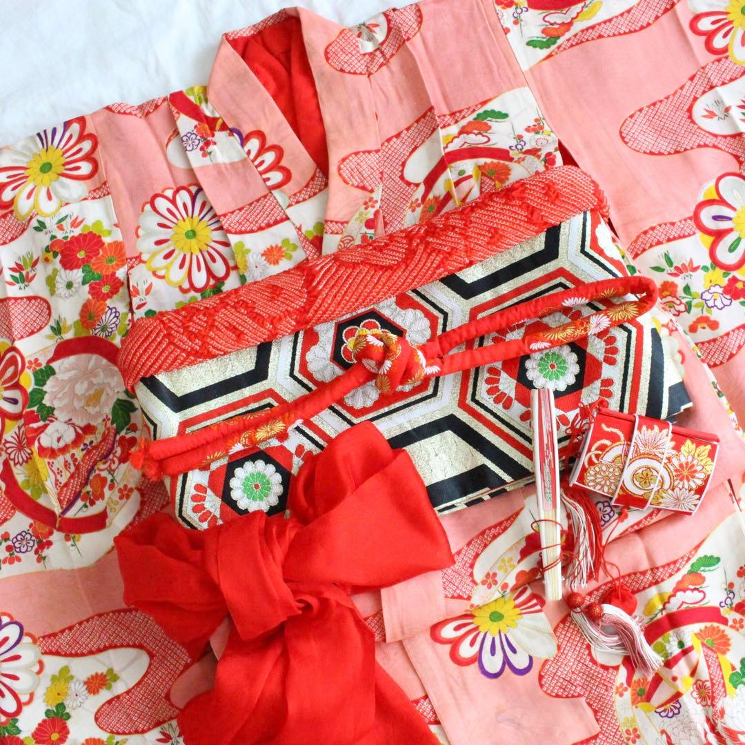 七五三 7歳 女の子 子供 アンティーク 着物 帯 ビーズバッグ セット