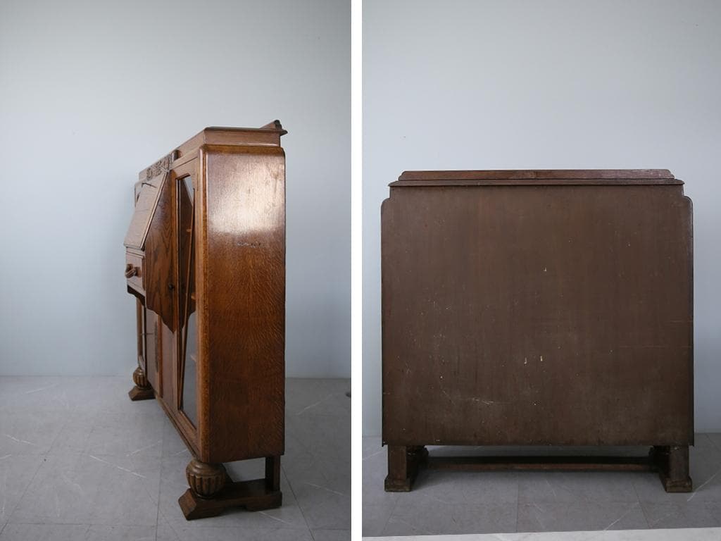 英国アンティークガラスキャビネット付きビューロー/机デスク/飾り棚(92-237