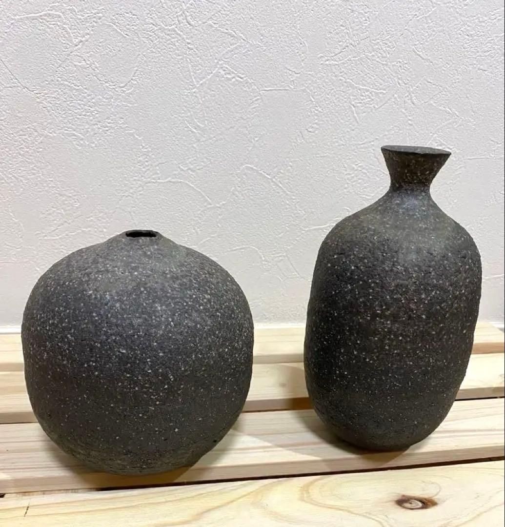 ⭐️大幅値下げ⭐️益子焼　宮沢章　AKIRA 黒い陶器の花瓶セット