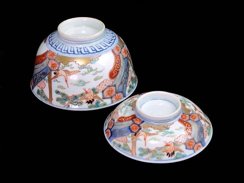 古伊万里　金襴手　雲鶴に松竹　孔雀羽に亀甲紋の図　蓋茶碗　E865AS-COf