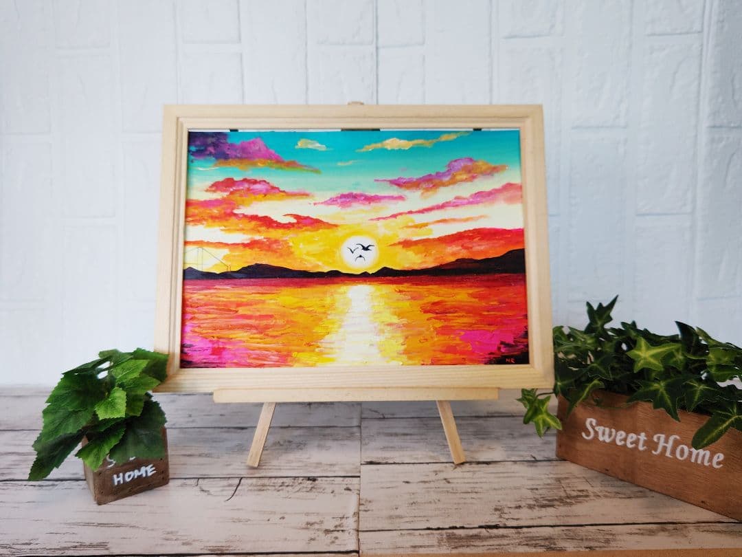 油絵 絵画 【夕日のカモメ】