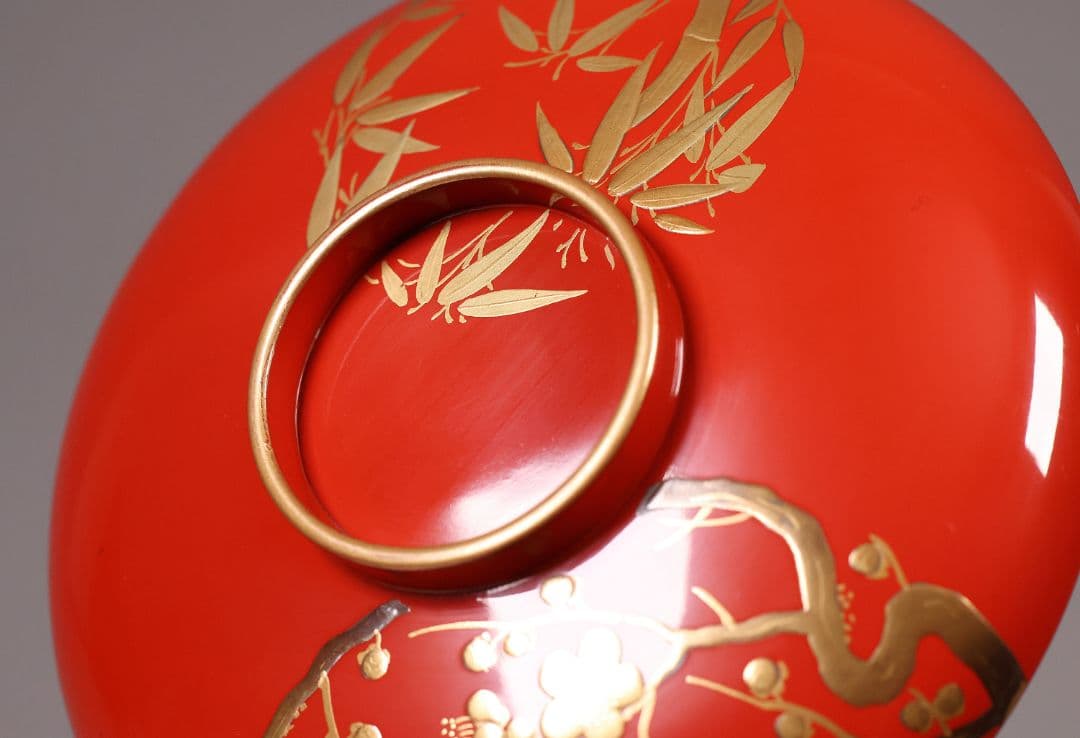 【CM246】時代木製漆器 松竹梅 金蒔絵 朱塗 引盃 五客 木製漆器 小皿 杯