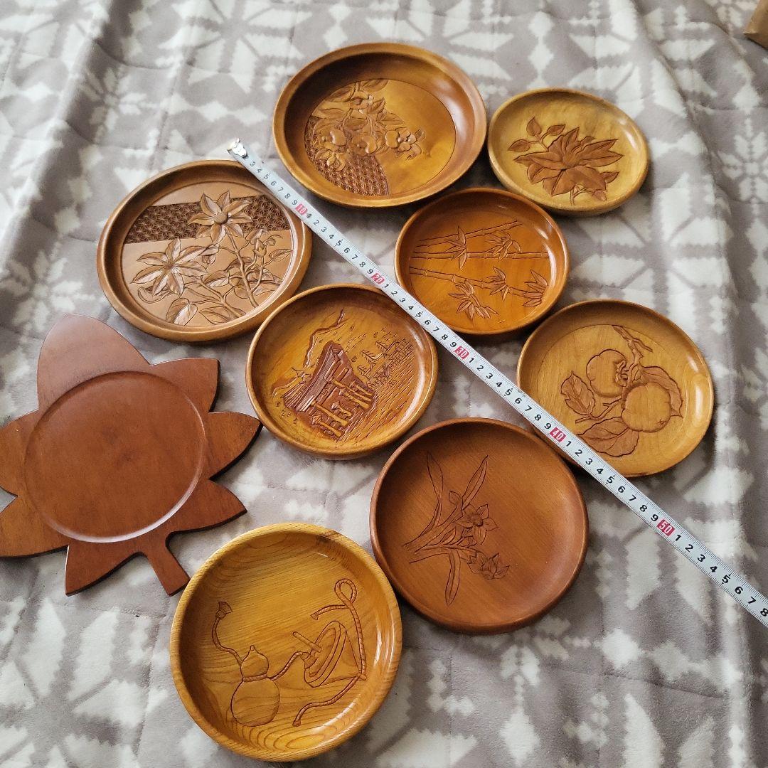 木製 彫刻盆 9枚セット お盆 宮島彫 お菓子 柿 駒 牡丹 レトロ 紅葉