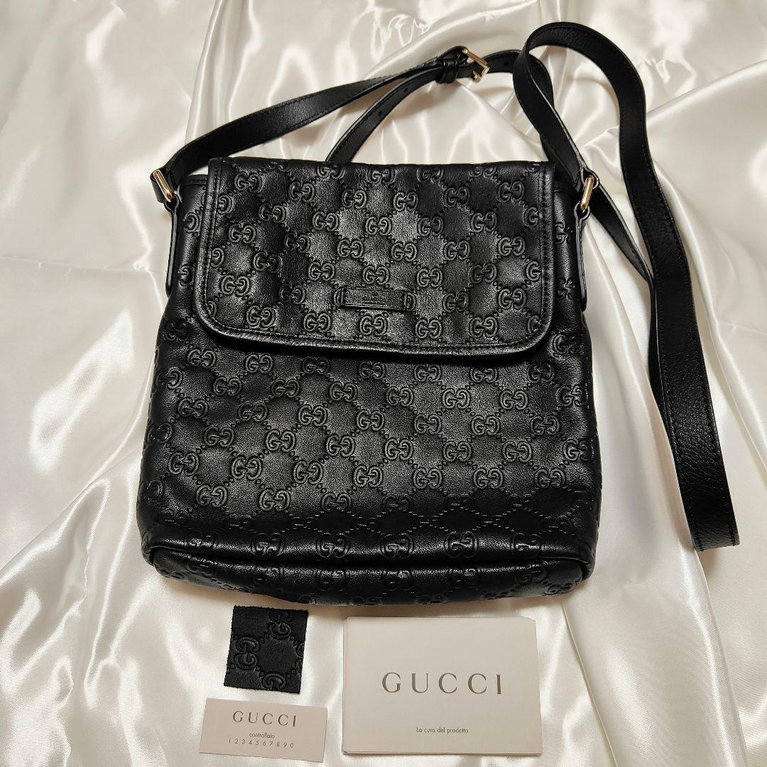極美品 グッチ ショルダーバッグ GG柄 シマレザー 黒 クロスボディバッグ