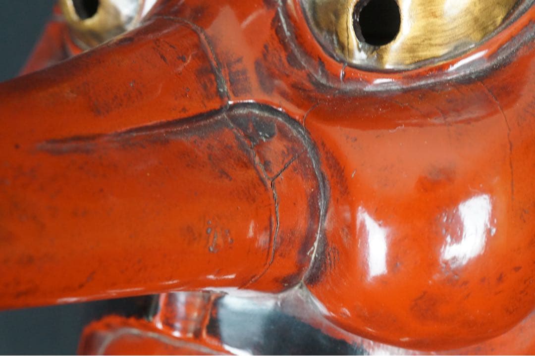 天狗面 木彫一刀彫 時代物 壁掛け 漆塗 縁起物 天狗