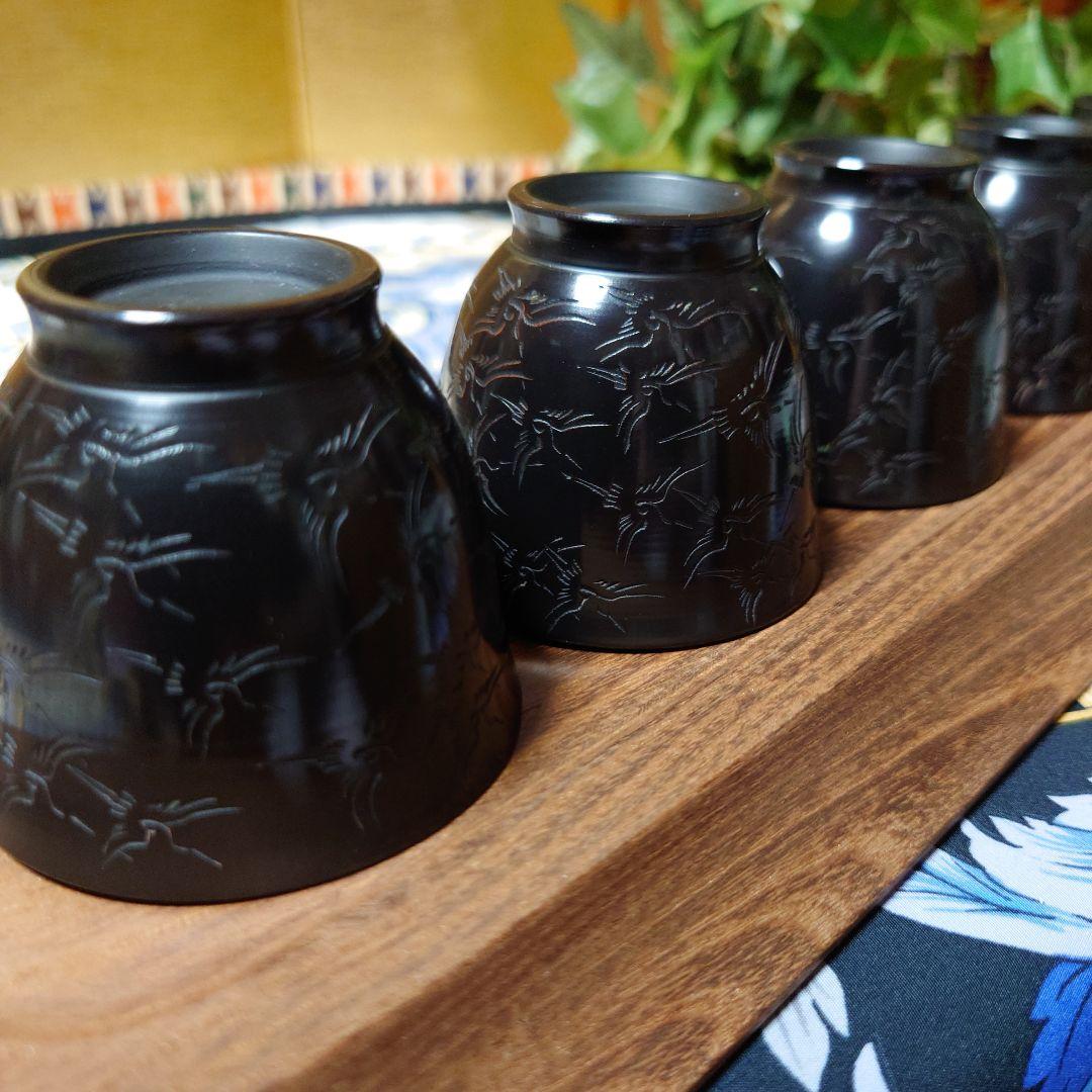 常滑焼 山田宝生作 細密彫 黒泥彫刻 千羽鶴文 煎茶碗 5客