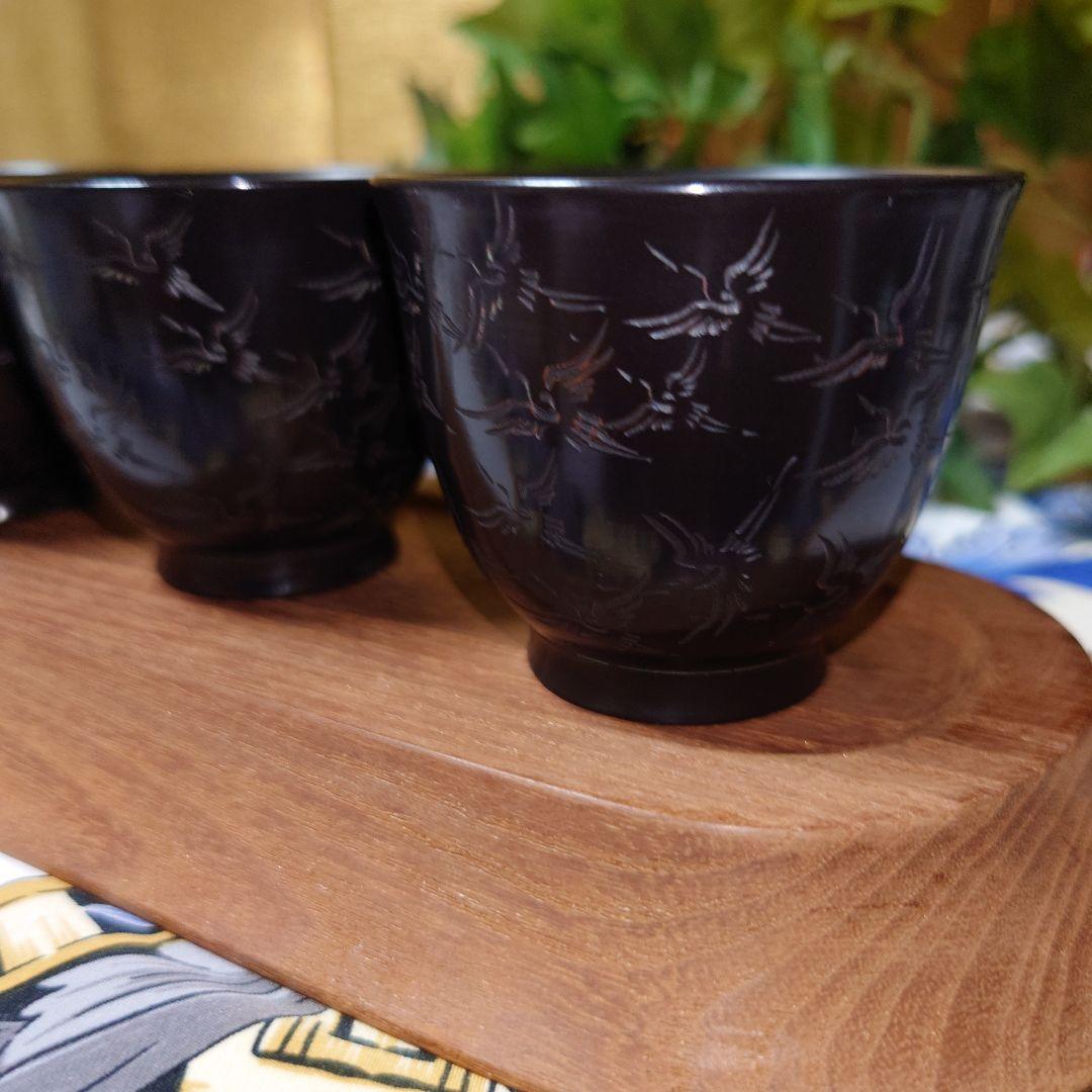 常滑焼 山田宝生作 細密彫 黒泥彫刻 千羽鶴文 煎茶碗 5客