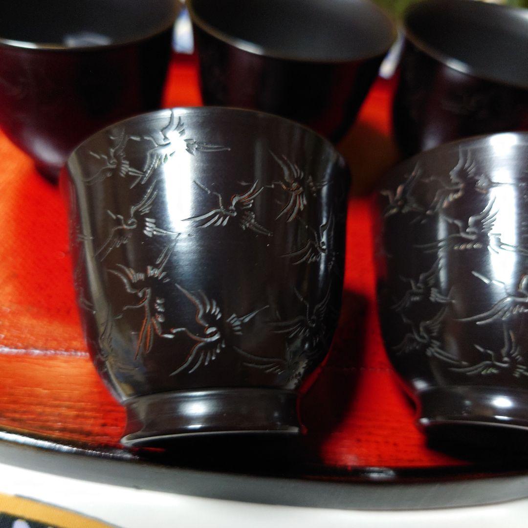 常滑焼 山田宝生作 細密彫 黒泥彫刻 千羽鶴文 煎茶碗 5客