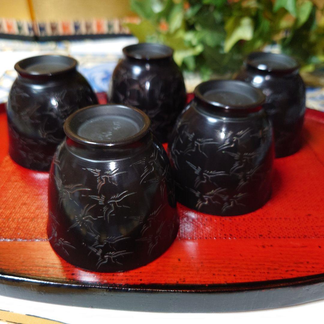 常滑焼 山田宝生作 細密彫 黒泥彫刻 千羽鶴文 煎茶碗 5客
