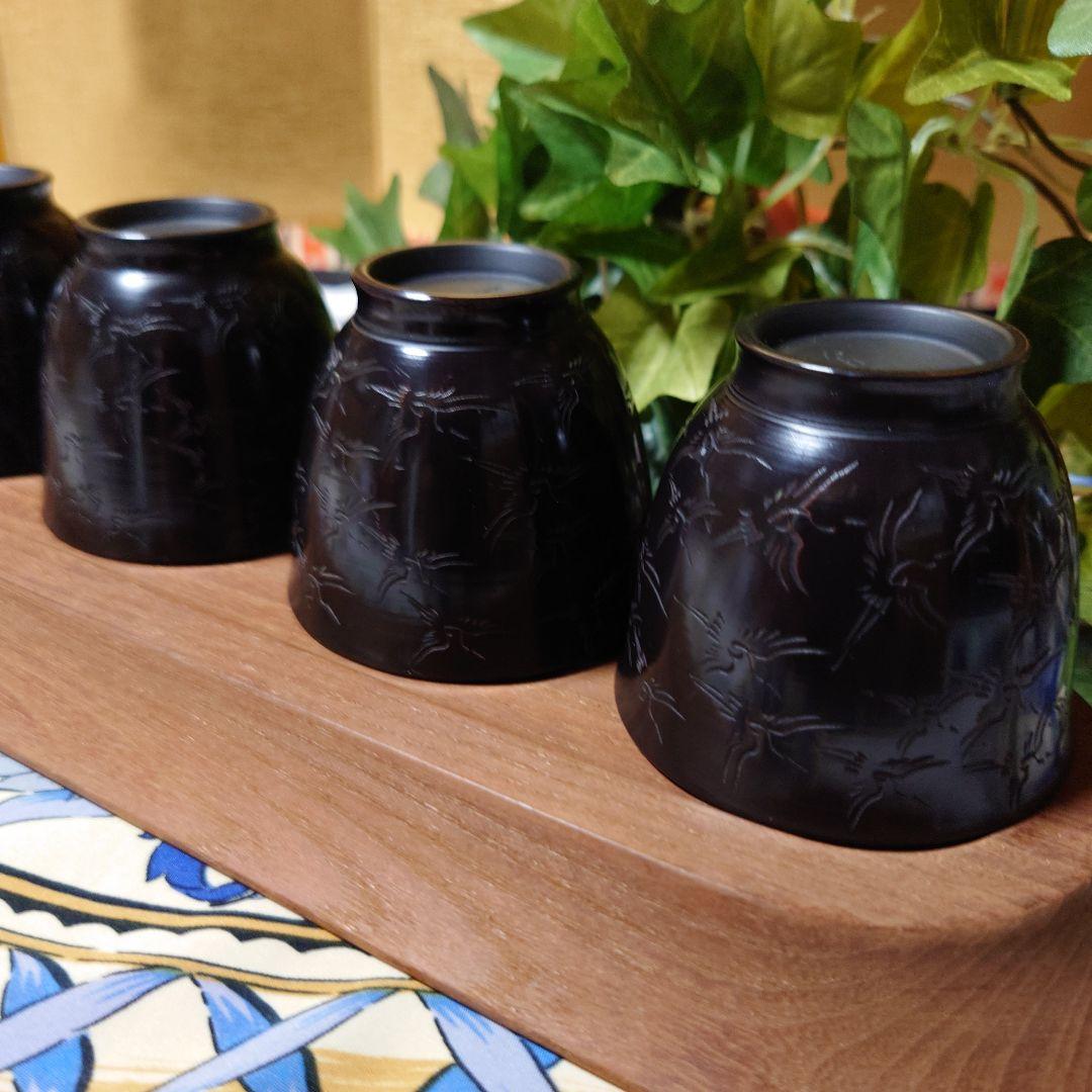 常滑焼 山田宝生作 細密彫 黒泥彫刻 千羽鶴文 煎茶碗 5客