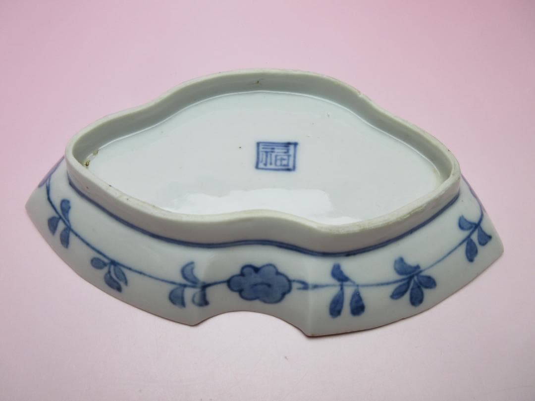 時代 染付 角福 鹿と紅葉模様 変形皿 3枚 61228