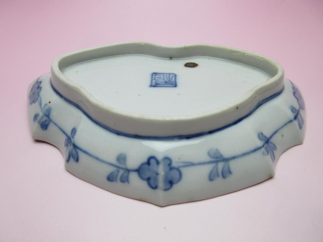 時代 染付 角福 鹿と紅葉模様 変形皿 3枚 61228