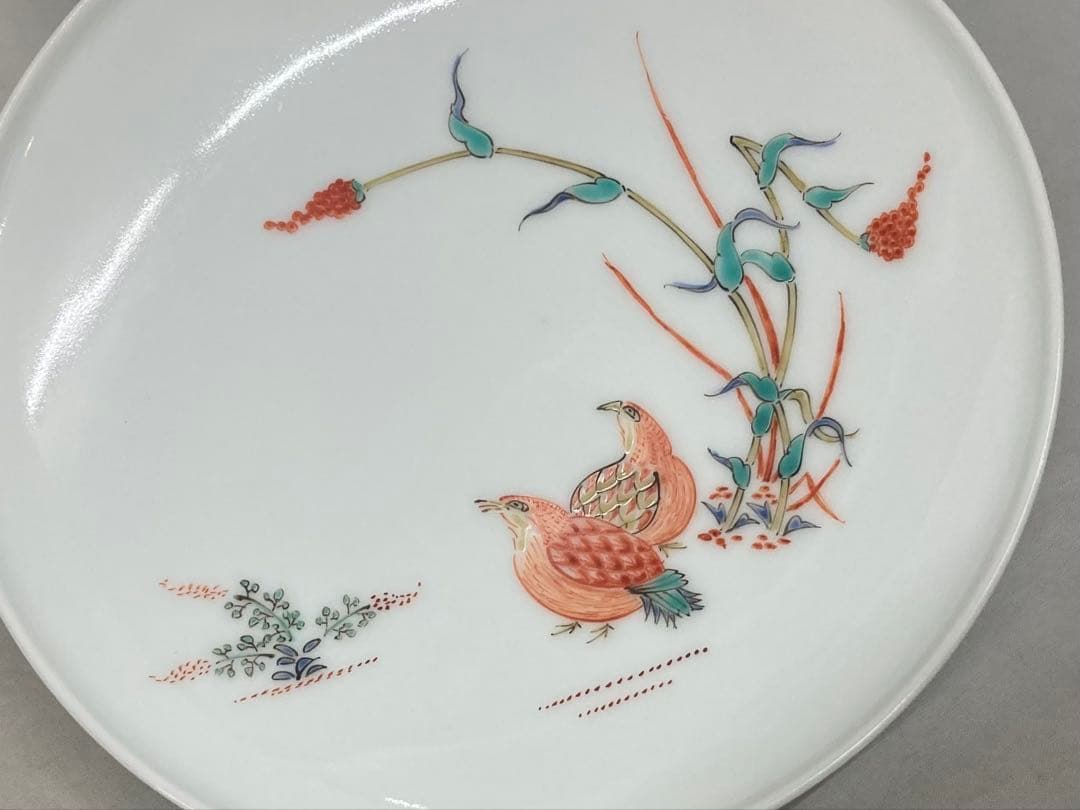 B489b「錦 粟鶉文　皿」5枚　十三代酒井田柿右衛門作　共箱　銘々皿　茶道具