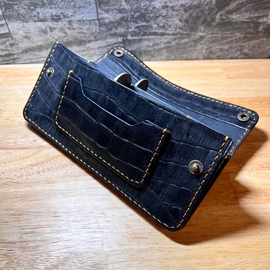 ロングトラッカー 財布 黒 国産ロロマ革 クロコ型押 手縫い　テンダーロイン　風