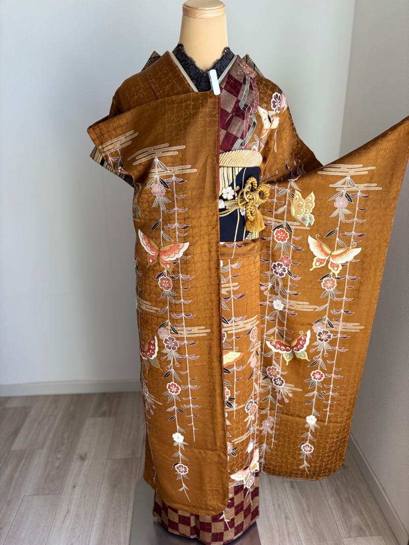 最終価格！⭐️振袖フルセット　正絹振袖　成人式　しつけ糸付き　茶系