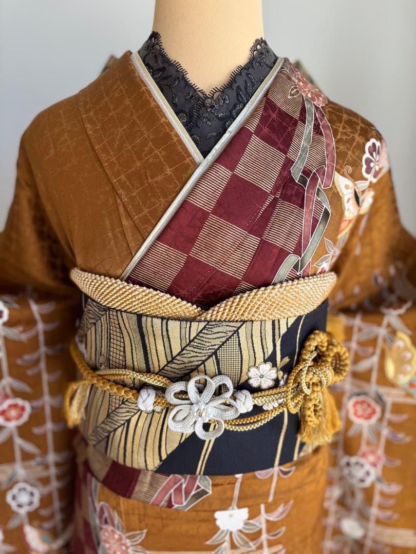 最終価格！⭐️振袖フルセット　正絹振袖　成人式　しつけ糸付き　茶系