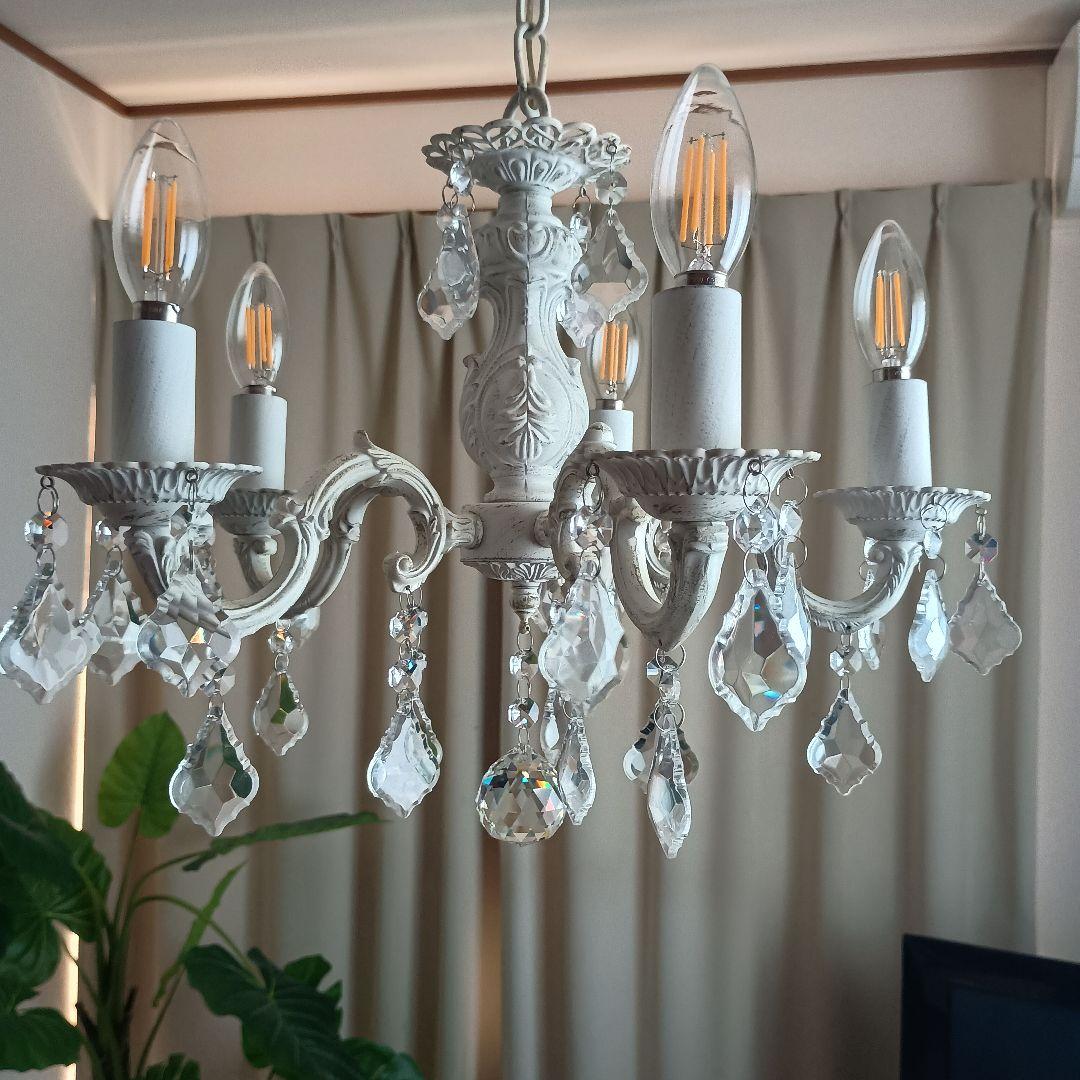 シャンデリア　シャビーホワイト　5灯 LED電球付　クリスタルガラス　注意点有り